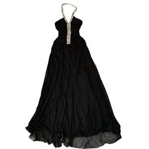 B Smart Sz 9/10 Formal Black Maxi Dress Silver Sequin Halter Ruched Y2K 8836